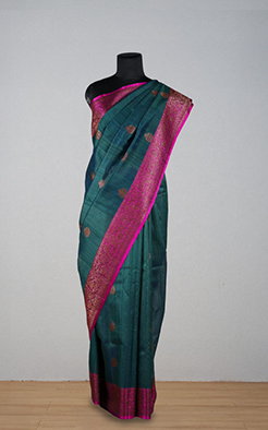 Bottle green with pink border Banarasi tussar silk saree