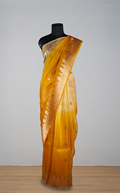 Mustard yellow shaded banarasi organza saree