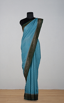 Blue-green border crepe chiffon banarasi saree