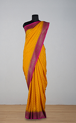Yellow-Pink border crepe chiffon banarasi saree