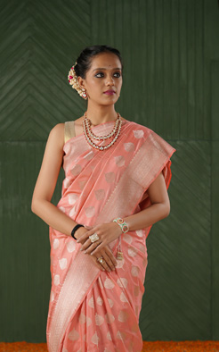 Light peach katan silk banarasi saree
