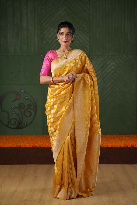 Yellow katan silk banarasi saree