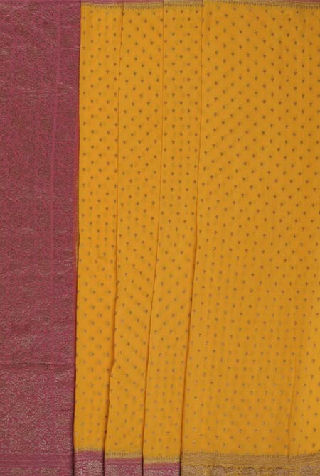 Yellow-Pink border crepe chiffon banarasi saree