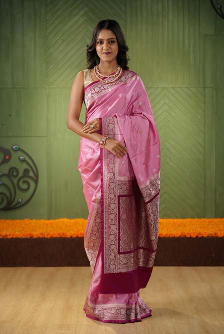 Pink with maroon border mashru silk banarasi saree