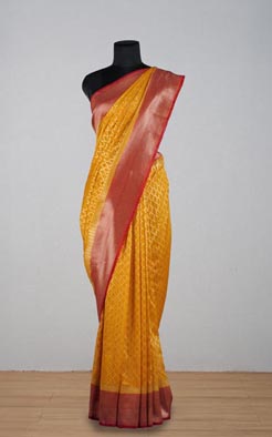 Light yellow red border chinia banarasi saree
