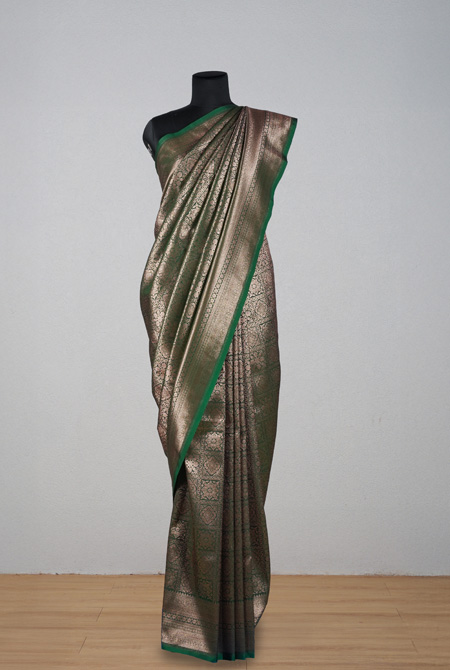 Bottle green soft silk banarasi saree
