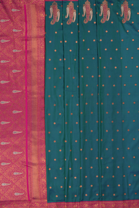 Teal green & pink soft silk banarasi saree