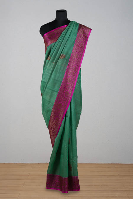 Green with pink border Banarasi tussar silk saree