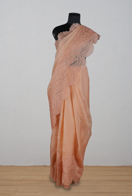 Light peach organza scallop saree