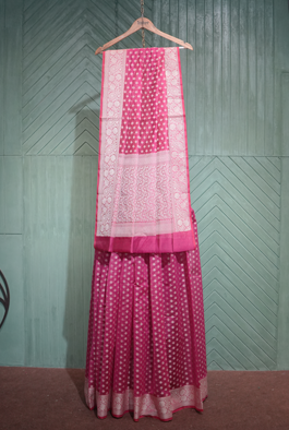 Pink banarasi cotton butti border saree