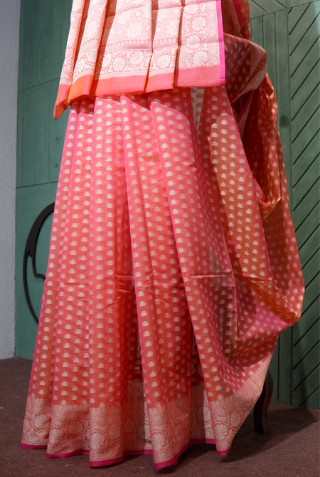 Pinkish peach banarasi cotton butti border saree