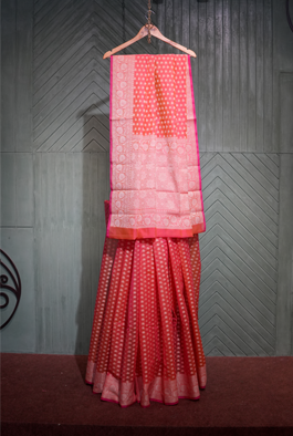 Pinkish peach banarasi cotton butti border saree