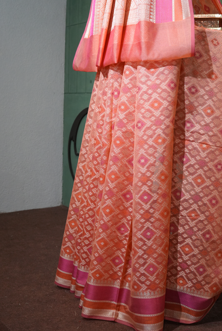 Peach banarasi cotton patola wave saree