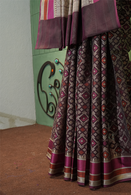 Brown banarasi cotton patola wave saree