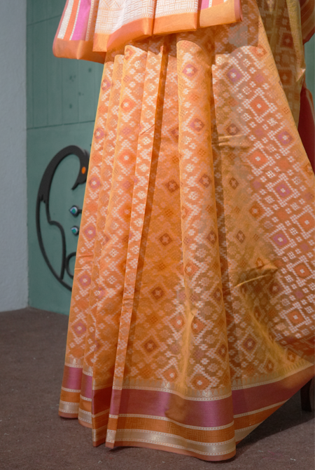 Yellow banarasi cotton patola wave saree