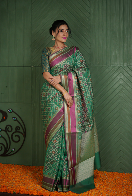 Green banarasi cotton patola wave saree